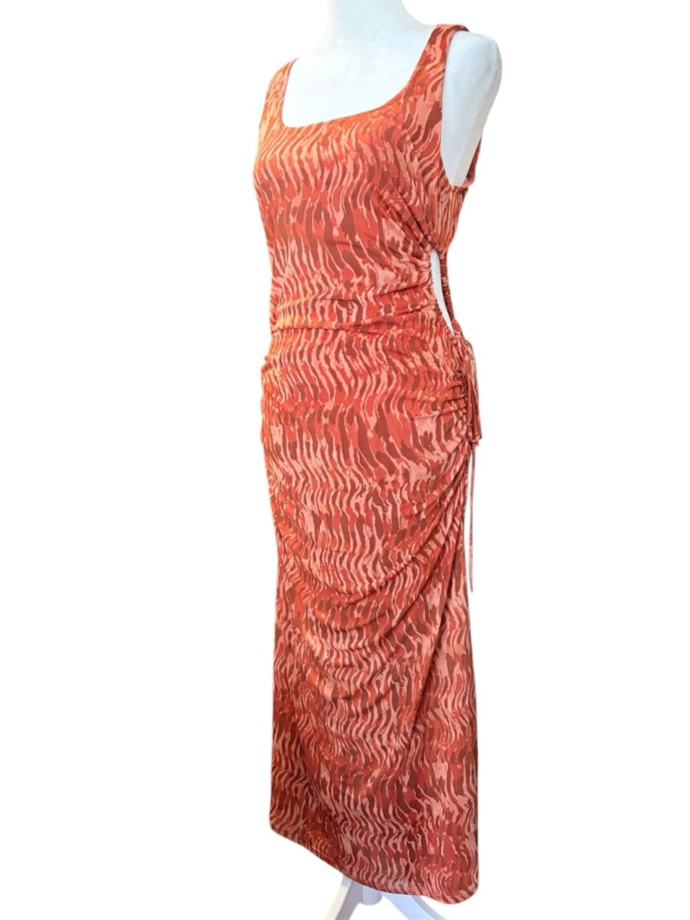 House of Harlow 1960 orange tiger print ruched mesh side cut-out maxi dress S